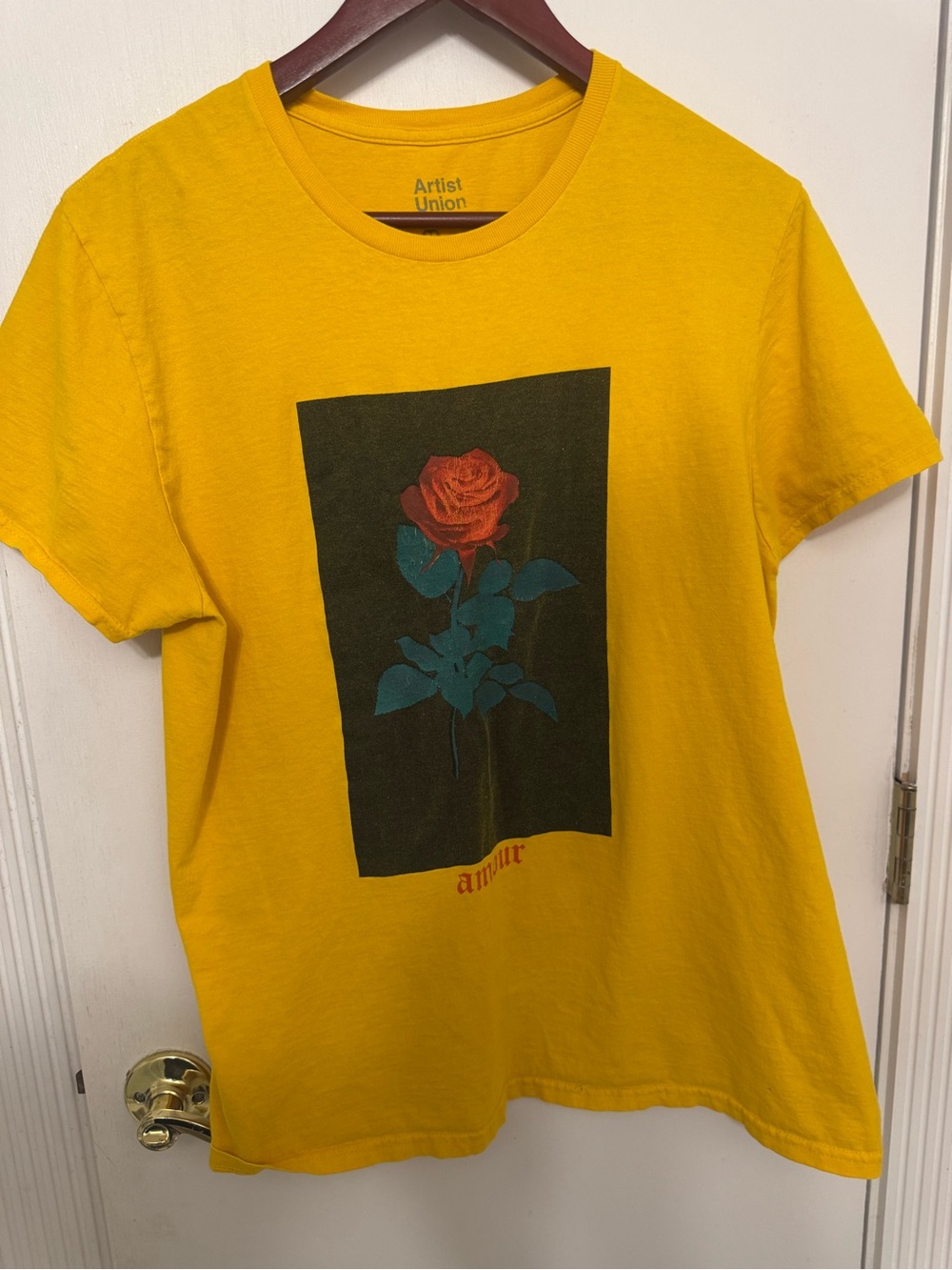 Artist Union Clothing Co. Yellow Tee with Red Rose Graphic Panel